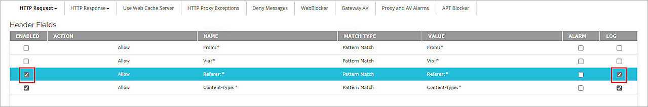 Screenshot of Firebox, enable Header Fields rule